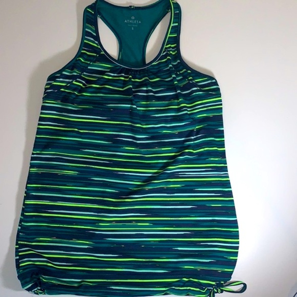 Athleta abstract striped racerback tank top with drawstring hem and built in bra